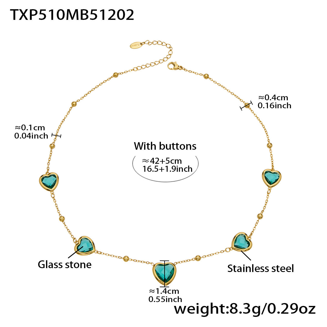 B廠【TXP510】不鏽鋼愛心切麵包邊玻璃石鋼珠項鍊手鍊耳環組鍍18k真金不掉色
 25.12-2