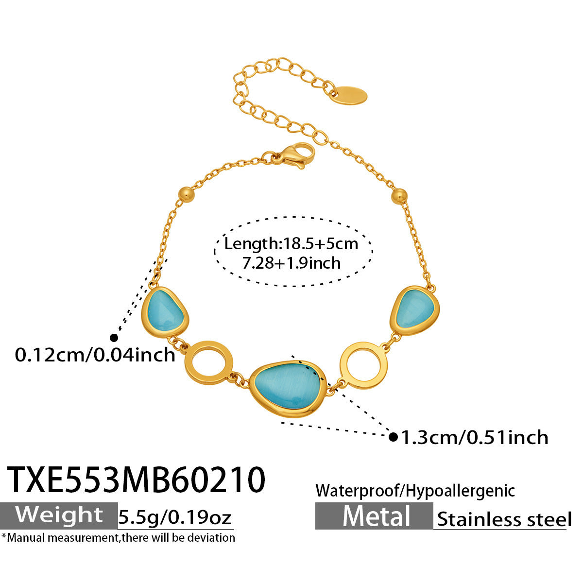 B廠【TXP553】歐美輕奢橢圓貓眼石項鍊手鍊耳環不鏽鋼鍍18k金首飾套裝
 26.10-4