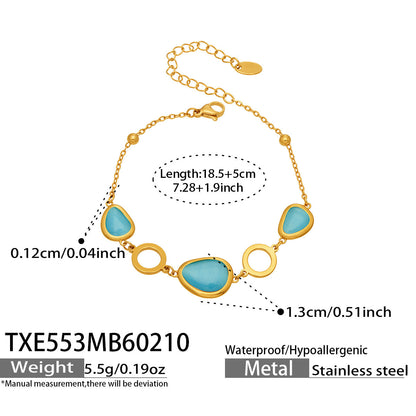 B廠【TXP553】歐美輕奢橢圓貓眼石項鍊手鍊耳環不鏽鋼鍍18k金首飾套裝
 26.10-4