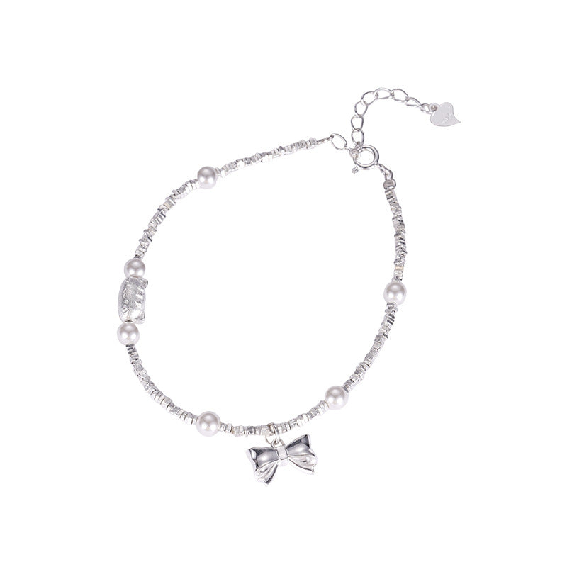 E廠【XDQ0797S】S925純銀精緻碎銀子蝴蝶結手鍊ins萌趣貓咪仿珍珠百搭手飾女
 25.11-4