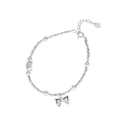 E廠【XDQ0797S】S925純銀精緻碎銀子蝴蝶結手鍊ins萌趣貓咪仿珍珠百搭手飾女
 25.11-4