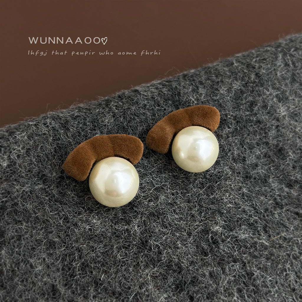 A廠【7134】冬天款文藝復古酒紅植絨溫暖新款銀針蝴蝶結珍珠耳環氣質耳飾
 25.11-3