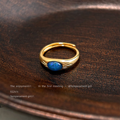 A廠【5928】實物很美 厚鍍18K真金保色開口可調合成歐泊戒指復古高級感手飾 25.05-1