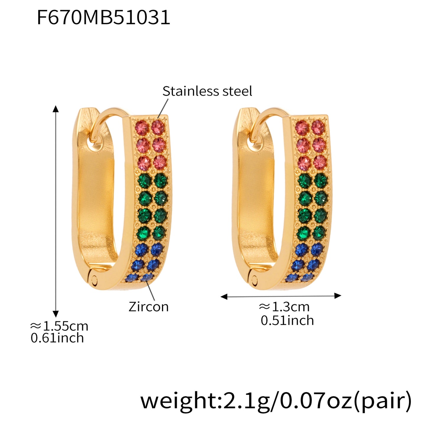 B廠【F670】超閃5A鋯石U型卡扣彩鑽耳扣歐美風時尚輕奢百搭不鏽鋼耳飾
 25.11-1