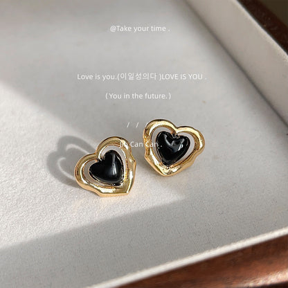 A廠【3450】黑桃夾心復古耳環法式輕奢百搭滴釉鏤空心形高級感赫本風氣質耳飾 25.01-2