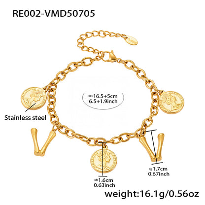 B廠【RE002】歐美飾品不鏽鋼26個字母伊莉莎白女王圖像手鍊鍍18k金色保色 25.07-3