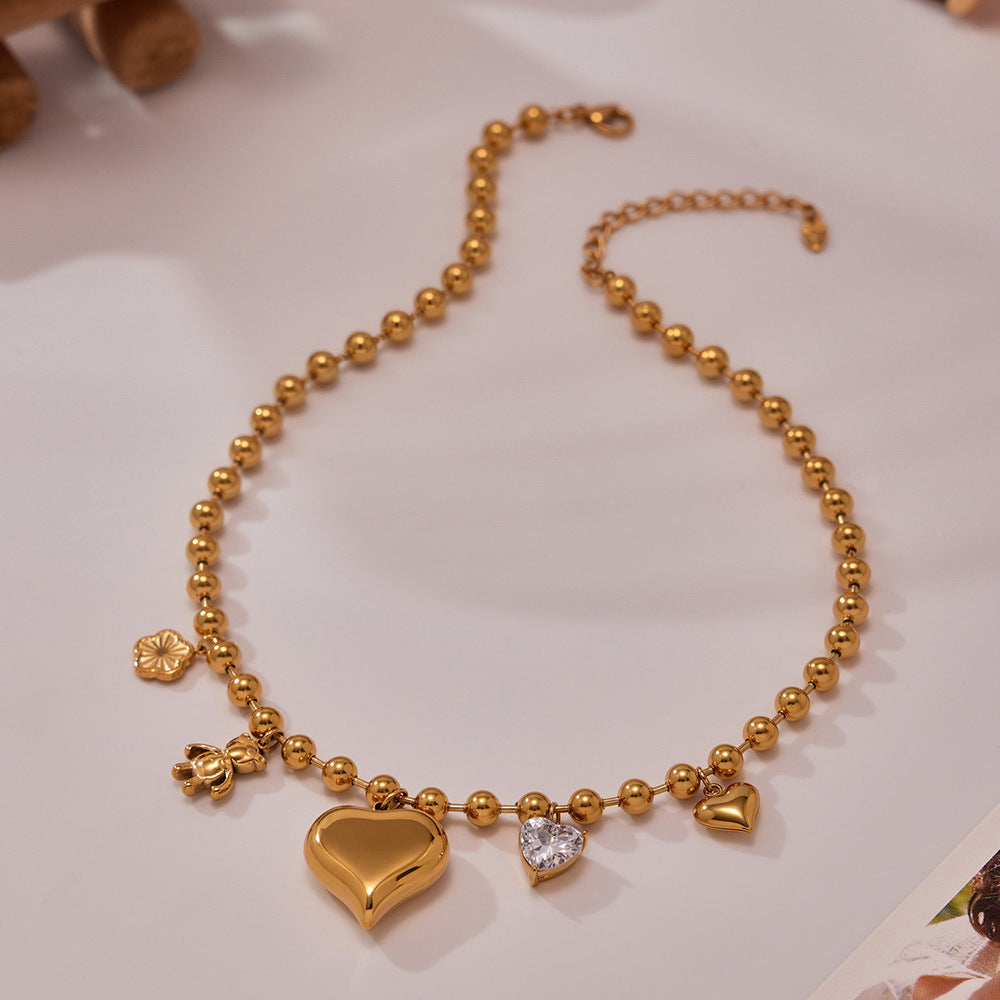 B廠【P1032】不鏽鋼鋯石大愛心小熊DIY多配件空心項鍊鍍18K真金珠寶首飾
 25.10-3