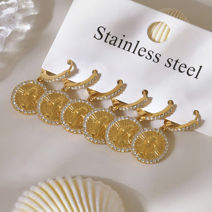 B廠【TXF325】超閃5A鋯石圓牌耶穌滿鑽設計耳環戒指組不鏽鋼18k鍍真金 25.08-2