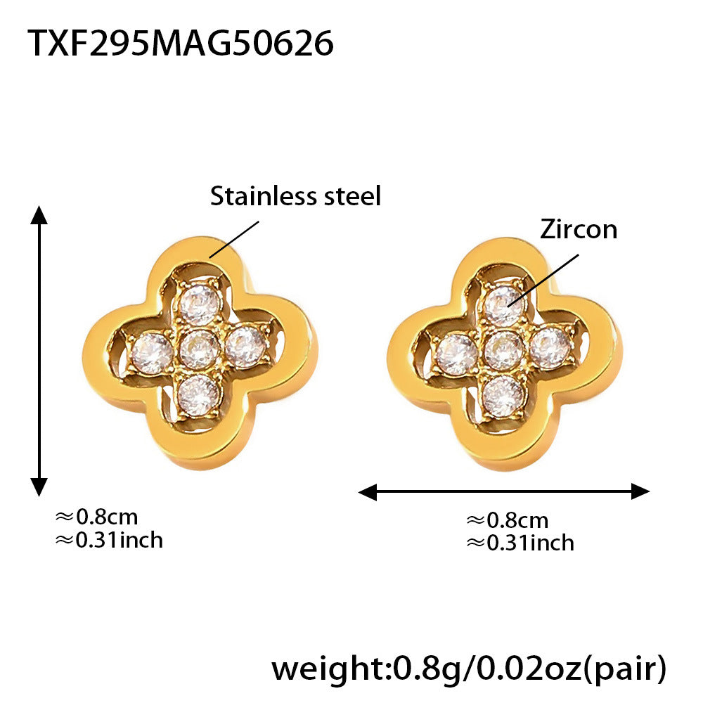 B廠【TXP295】歐美飾品不鏽鋼四葉花5A鋯石耳環項鍊組18k鍍真金不掉色 25.07-1