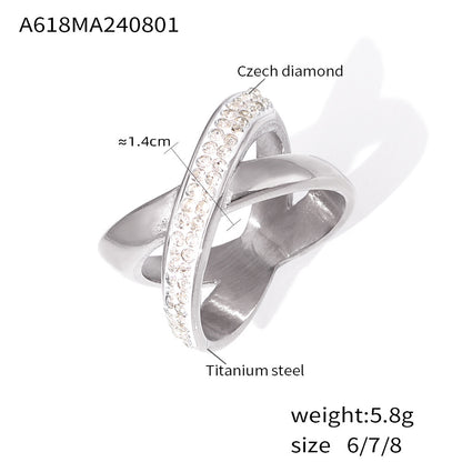 B廠【A618】跨國熱銷簡約個性X型鑲鑽戒指歐美風幾何不規則設計鈦鋼鍍18k真金 24.08-2