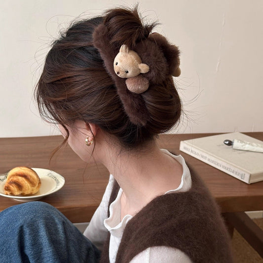 C廠【Y996】可愛毛絨小熊大號抓夾女2025新款高級感秋冬後腦勺髮夾鯊魚夾髮飾
 26.01-1