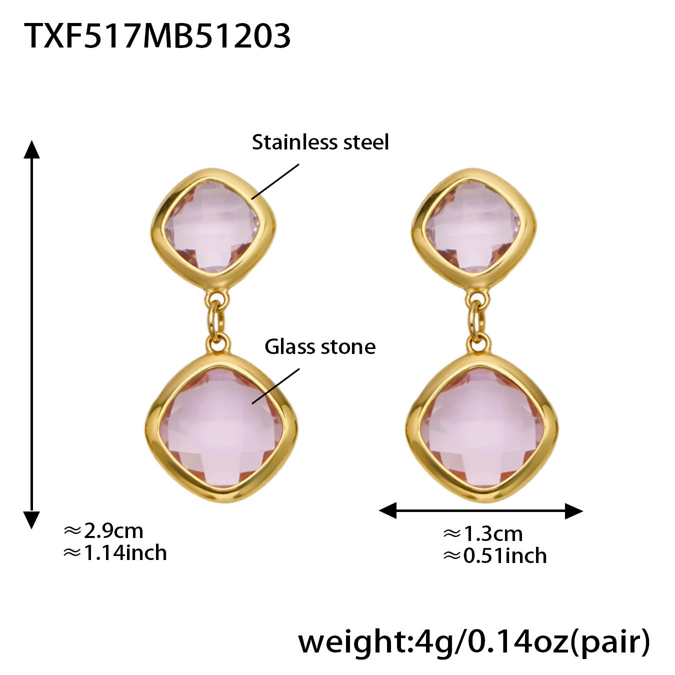 B廠【TXP517】不銹鋼方形切麵包邊玻璃石吊墜耳環項鍊手鍊珠寶首飾套裝鍍18k金
 25.12-2