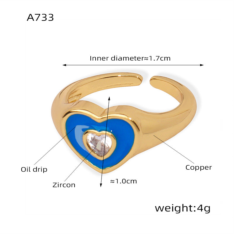 B廠【A733】網紅款砝碼彩釉愛心戒指銅鍍金屬微鑲鋯石指環時尚ins風開口對戒 24.01-2