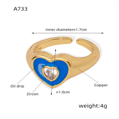 B廠【A733】網紅款砝碼彩釉愛心戒指銅鍍金屬微鑲鋯石指環時尚ins風開口對戒 24.01-2