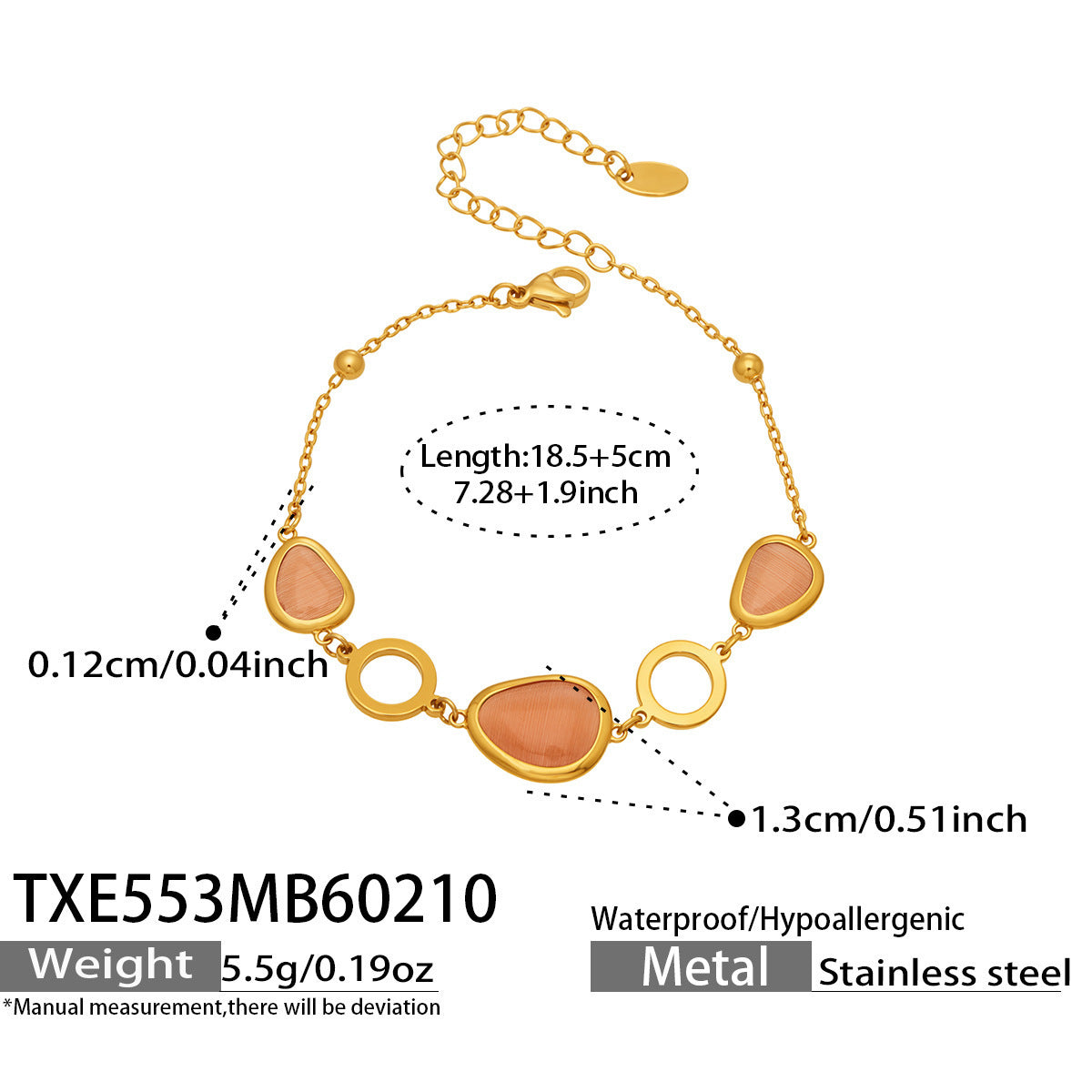B廠【TXP553】歐美輕奢橢圓貓眼石項鍊手鍊耳環不鏽鋼鍍18k金首飾套裝
 26.10-4