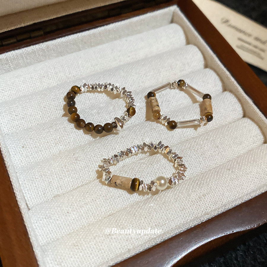 A廠【HR2789】復古碎銀黑膽石石頭串珠戒指民族風食指戒個性小眾設計感指環
 25.10-4