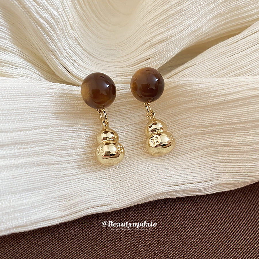 A廠【HE28926】925銀針復古虎眼石圓形葫蘆吊墜耳環美拉德風耳環耳環輕奢高級感耳飾
 25.10-3