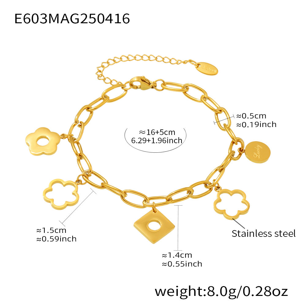 B廠【E603】歐美飾品不鏽鋼鏤空幸運花朵鏡面拋光多配件手鍊小眾百搭潮 25.04-3