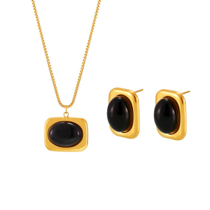 B廠【P521】天然黑瑪瑙耳環ins小眾設計感項鍊時尚百搭鈦鋼18K真金套裝 25.03-2