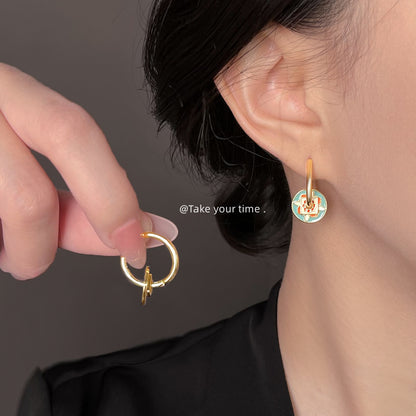 A廠【6471】原創文藝復古國潮紋樣圓形幾何琺瑯滴釉彩繪耳飾新款耳環飾品 25.08-1