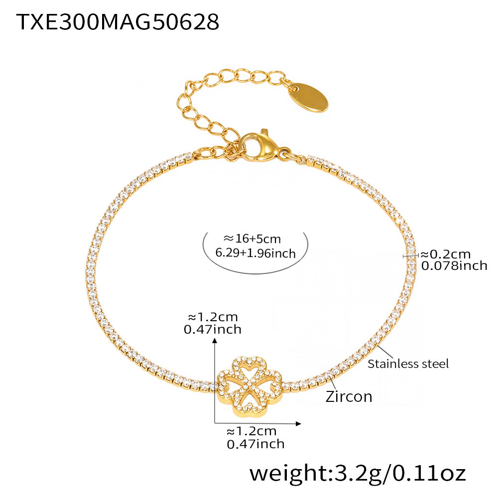 B廠【TXP300】超閃5A鋯石2mm鑽四葉花愛心手鍊項鍊組不鏽鋼鍍18k金飾品 25.07-1