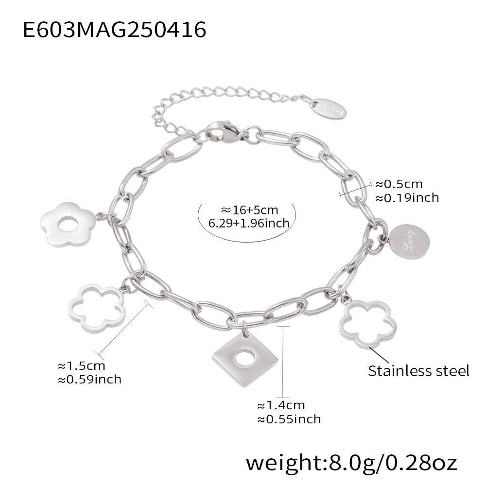 B廠【E603】歐美飾品不鏽鋼鏤空幸運花朵鏡面拋光多配件手鍊小眾百搭潮 25.04-3