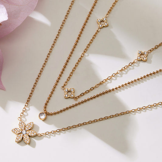 B廠【TXP492】簡約時尚花朵滿鑽鋯石吊墜雙層疊戴項鍊不銹鋼手鍊戒指套裝
 25.11-4