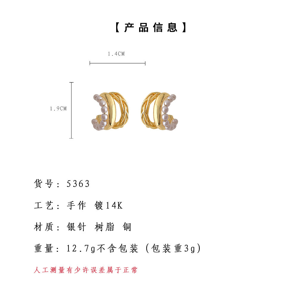 C廠【5363】外貿熱銷新品黃銅18K真金耳環復古風不規則C形鑲珍珠配件設計耳環 25.01-1