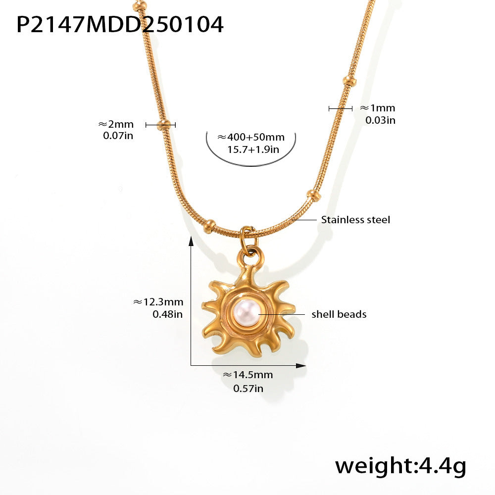 B廠【P2147】 太陽花貝珠鎖骨項鍊飾品不鏽鋼鍍18K真金不掉色首飾 25.01-2