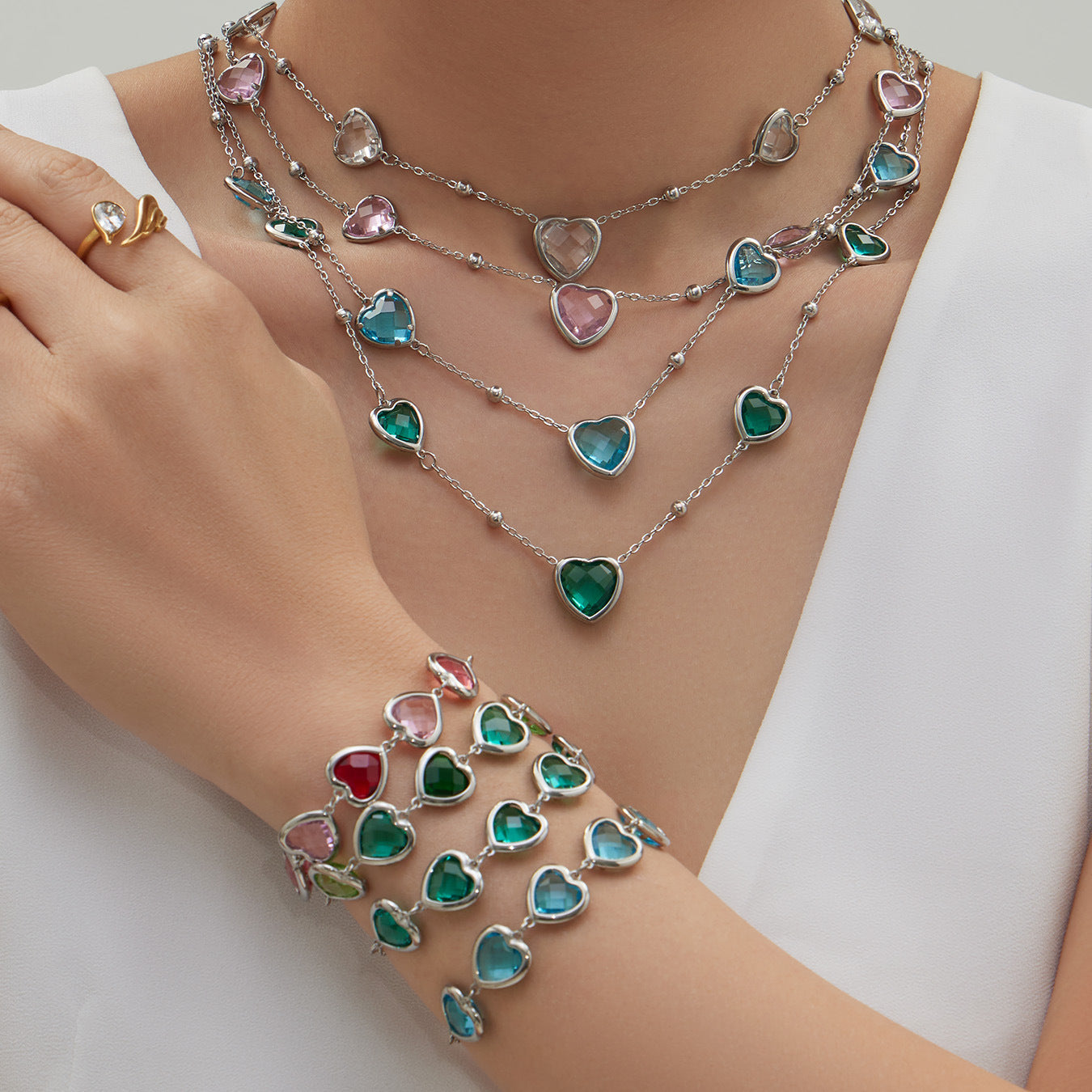 B廠【TXP510】不鏽鋼愛心切麵包邊玻璃石鋼珠項鍊手鍊耳環組鍍18k真金不掉色
 25.12-2