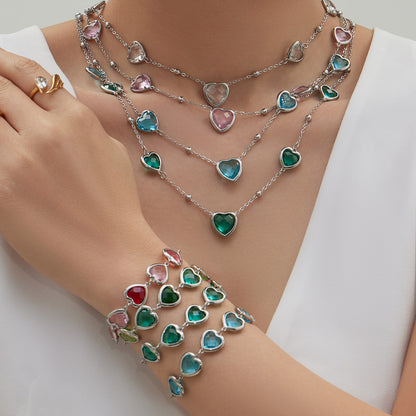 B廠【TXP510】不鏽鋼愛心切麵包邊玻璃石鋼珠項鍊手鍊耳環組鍍18k真金不掉色
 25.12-2