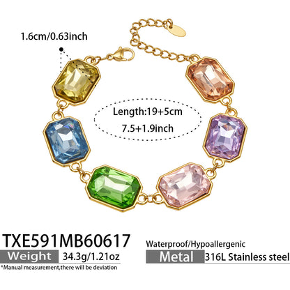 B廠【TXP591】歐美新款多色長方形玻璃石項鍊手鍊首飾套裝復古宴會風不銹鋼飾品
 26.06-4