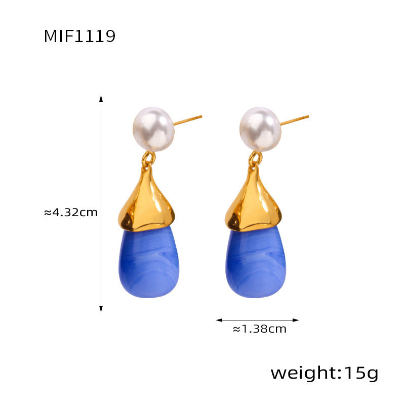 B廠【F1119】韓版小眾設計感仿珍珠鈦鋼金色耳環女式百搭氣質樹脂耳飾 24.03-1