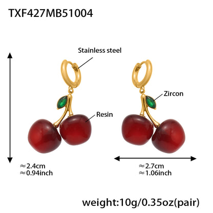 B廠【TXP427】 紅色樹脂水果櫻桃吊墜項鍊耳環 跨國時尚輕奢小眾飾品套裝
 25.10-2