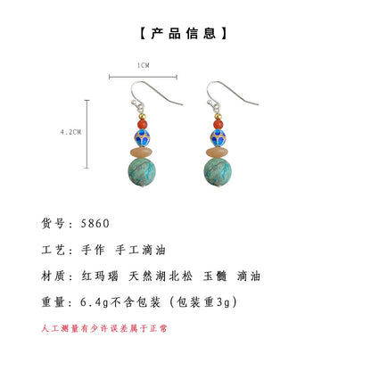 A廠【5860】文藝復古民族風天然石湖北松石琺瑯滴釉手工藝品設計景區耳環耳環 25.04-4