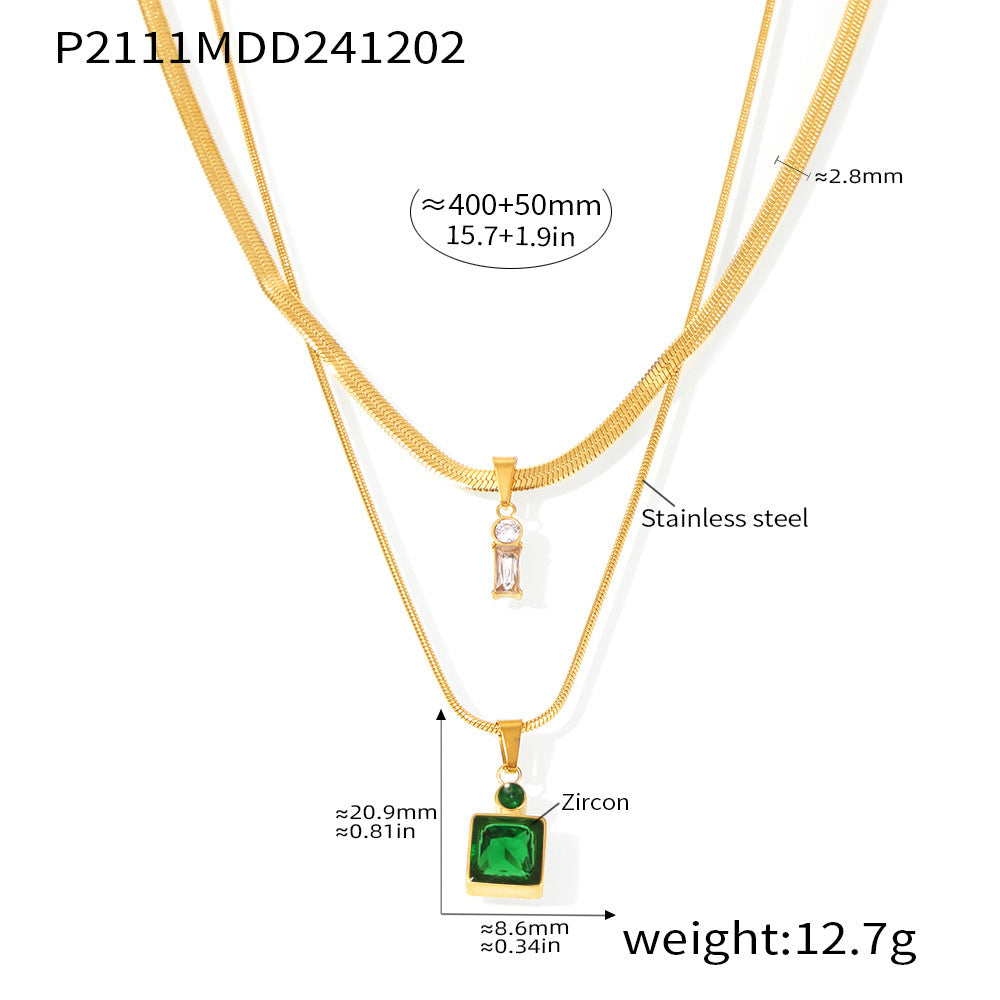 B廠【P2111】不鏽鋼雙層刀片鏈正方鋯石疊戴超美項鍊女秋冬輕奢小眾頸鏈 24.12-1