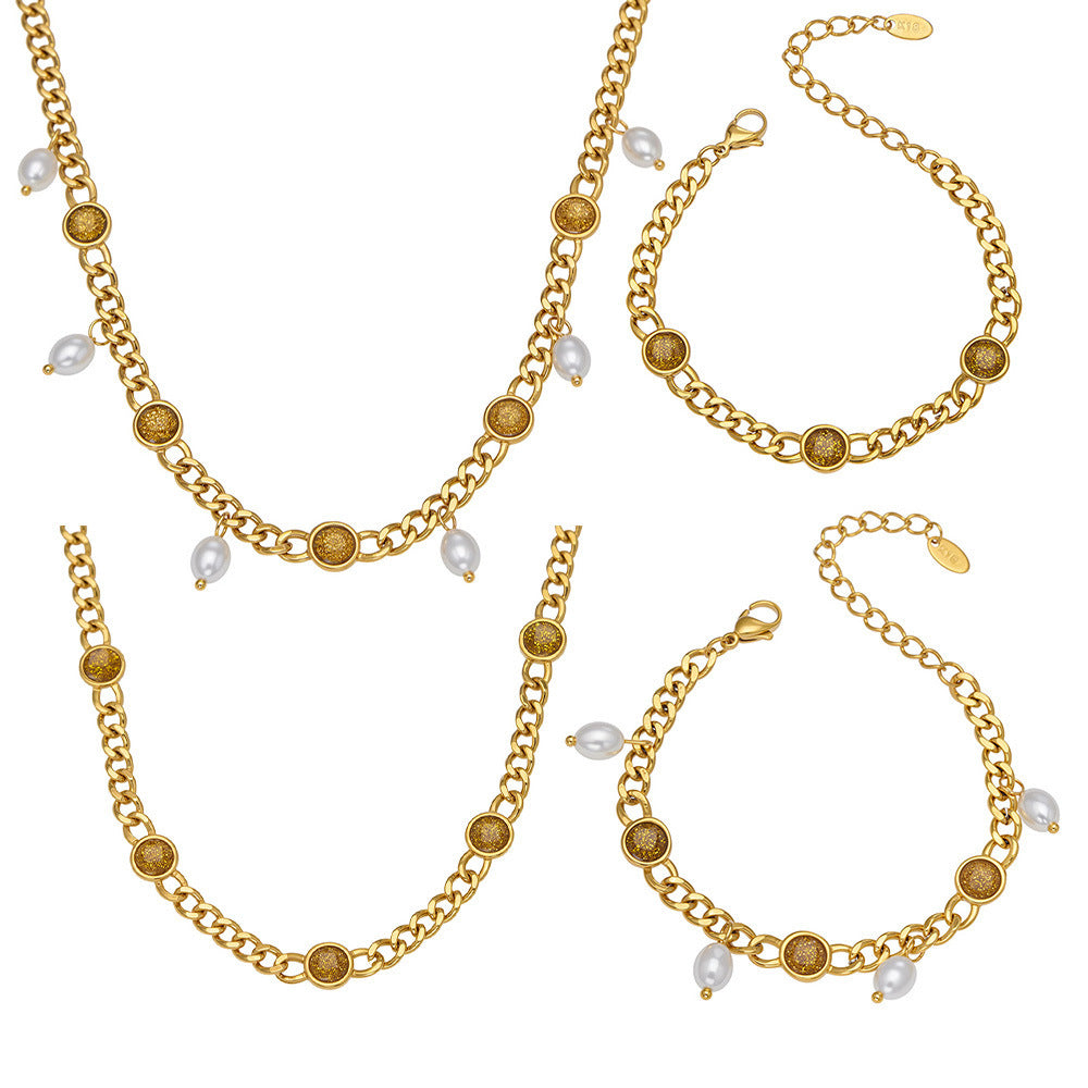 B廠【TXP496】歐美熱銷款仿珍珠流蘇項鍊手鍊不鏽鋼鍍18k金ins小眾設計首飾套裝
 25.11-4