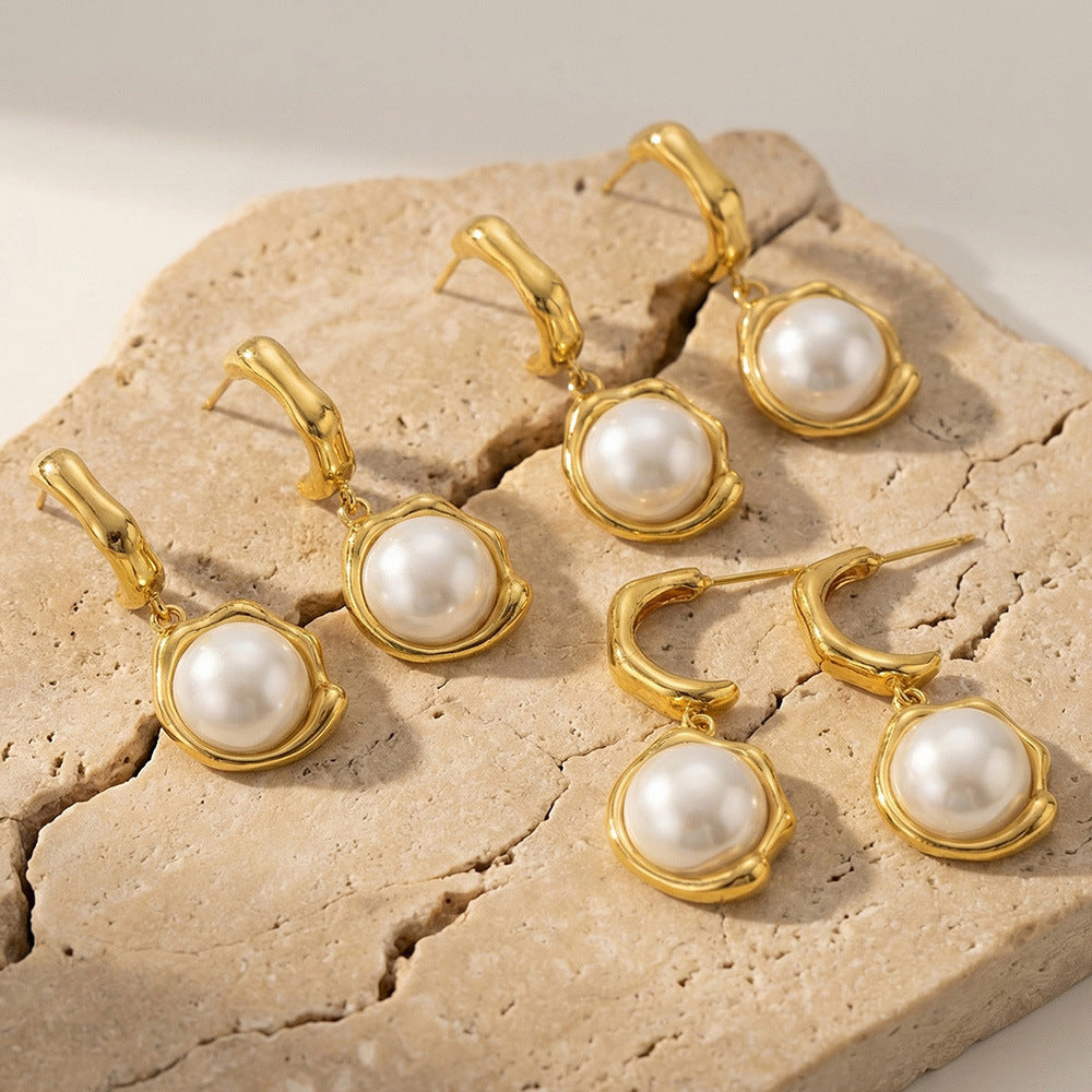 B廠【F046】新中式高質感仿珍珠吊墜耳環個性時尚C型耳環不鏽鋼鍍18k真金耳環
 26.03-3