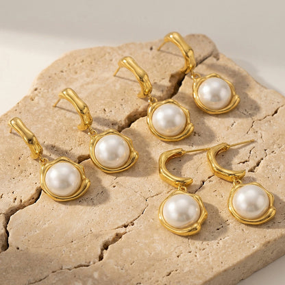 B廠【F046】新中式高質感仿珍珠吊墜耳環個性時尚C型耳環不鏽鋼鍍18k真金耳環
 26.03-3