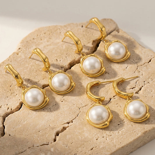 B廠【F046】新中式高質感仿珍珠吊墜耳環個性時尚C型耳環不鏽鋼鍍18k真金耳環
 26.03-3