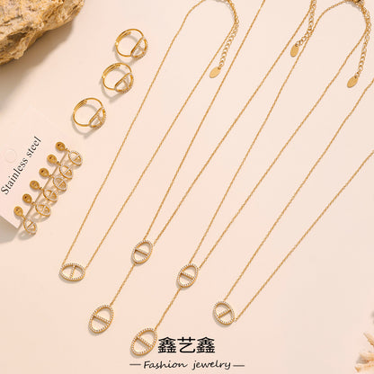 B廠【TXP331】新款不鏽鋼5A鋯石雙人天滿鑽流蘇項鍊耳環組ins開口戒指 25.08-1