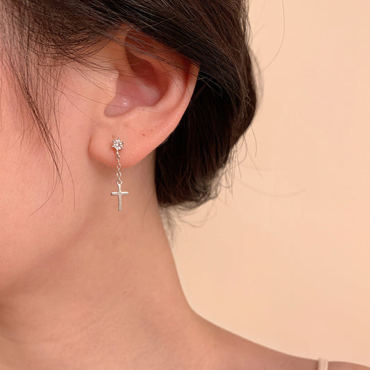 E廠【XDQ10110E】S925純銀韓版時尚鋯石十字架耳環女高級感輕奢小眾流蘇耳飾潮
 26.01-1