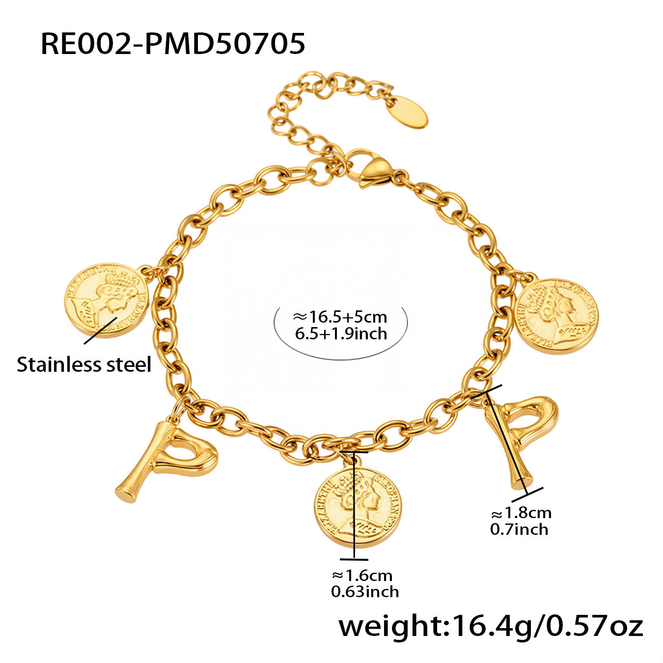 B廠【RE002】歐美飾品不鏽鋼26個字母伊莉莎白女王圖像手鍊鍍18k金色保色 25.07-3
