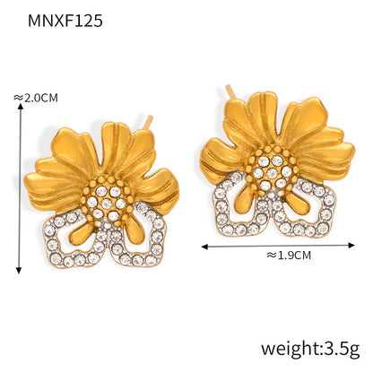 B廠【F125-28】新款跨國法式復古宮廷風時尚設計鈦鋼鍍金幾何花朵鑲鑽耳環飾品女 24.03-3