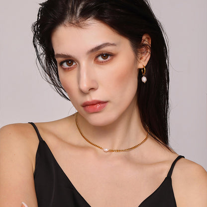 B廠【P539】新款鈦鋼鏈條簡約單顆珍珠項鍊吊墜耳環輕奢氣質鍍18K真金 25.03-4