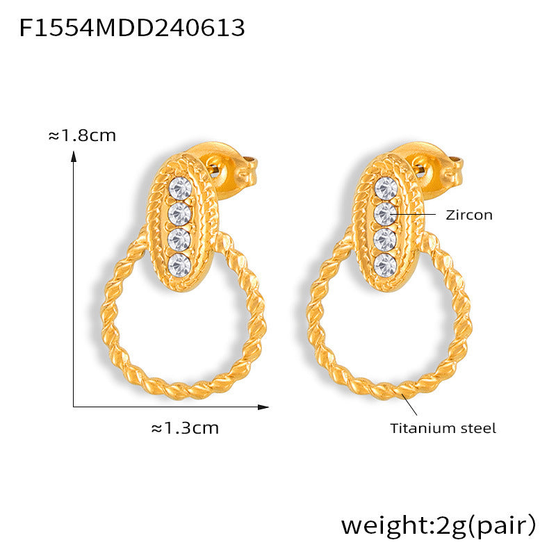 B廠【F1554】時尚氣質設計法式麻花鑲鋯石耳環復古幾何鈦鋼鍍金耳環不褪色耳飾 24.06-3