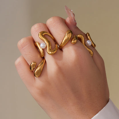 B廠【A388】冷淡風不鏽鋼幾何異形珍珠開口戒指個性時尚設計飾品不掉色
 25.10-1