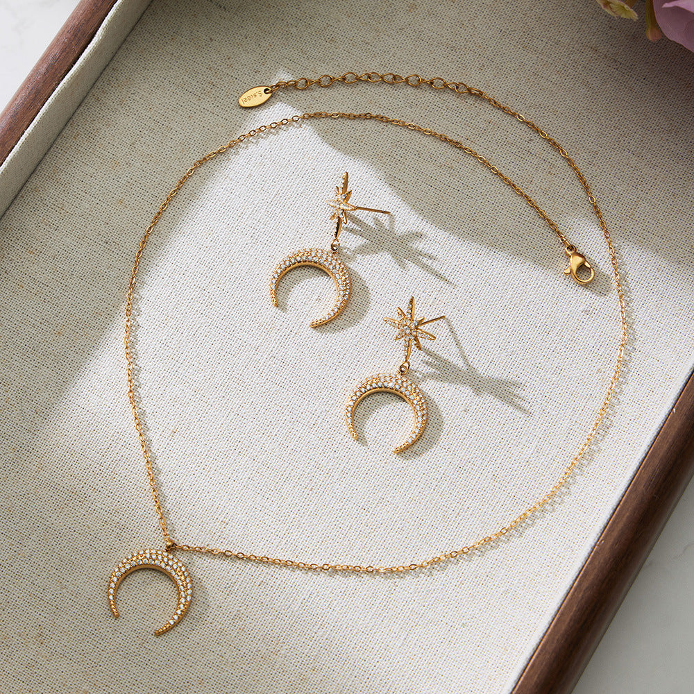 B廠【TXP485】歐美熱銷新品不銹鋼5A鋯石八芒星月牙吊墜耳環項鍊首飾套裝
 25.11-4