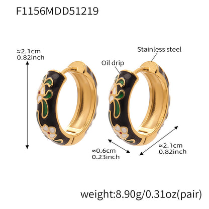B廠【F1156】新中式琺瑯彩釉印花圓圈耳扣不銹鋼鍍18k真金彩色滴油花朵耳環女
 25.12-4