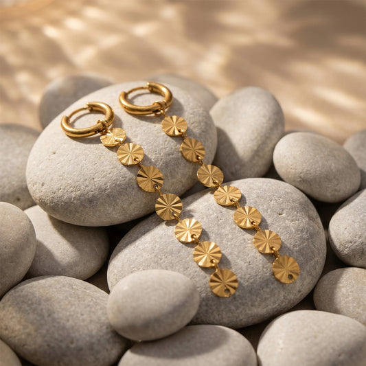 B廠【F1538】歐美跨境新款金屬圓片批花形流蘇耳環不鏽鋼鍍18k真金不掉色耳飾
 26.04-3